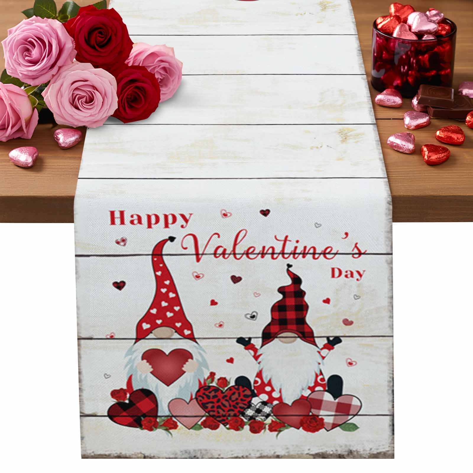 Happy Valentine's Cotton Linen Table Runner Day Gnomes Red Love Hearts ...