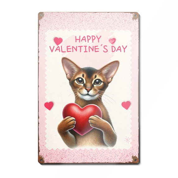 Happy Valentine's Day Abyssinian Brings Love Heart Vertical Metal Aluminum Sign Cat Lover Kitten Owner Gifts Wall Art Home Decor - 02028
