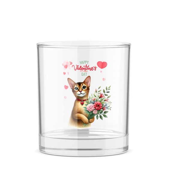 Happy Valentine's Day Abyssinian holding flowers 11oz Whiskey Glass Mug Cat Lover Kitten Owner Gifts Whiskey Cocktail Glasses Cup - 3005
