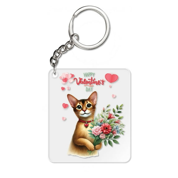 Happy Valentine's Day Abyssinian holding flowers Acrylic Keychain Cat Lover Kitten Owner Gifts Collar Charm Tag Keyring - 03005