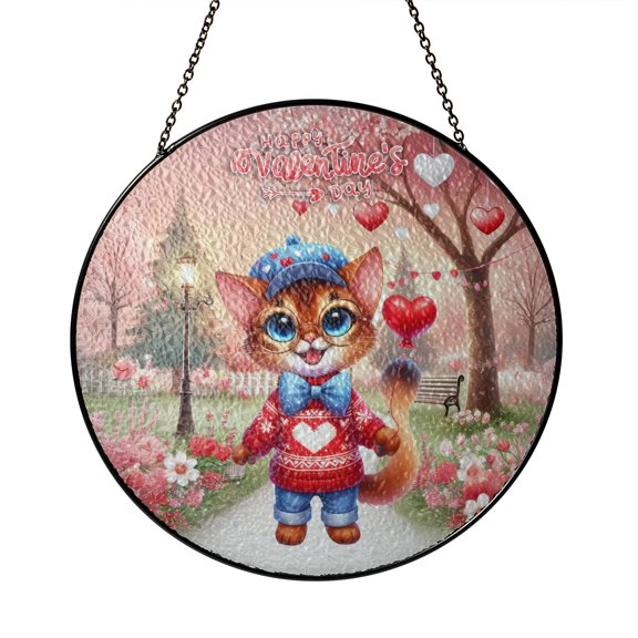 Happy Valentine’s Day Adorable Abyssinian Kitten Holding Heart Balloon Stained Glass Suncatcher Cat Lover Kitten Owner Gifts Window Hanging Sign Decor - 00030