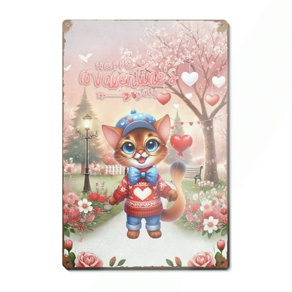 Happy Valentine’s Day Adorable Abyssinian Kitten Holding Heart Balloon Vertical Metal Aluminum Sign Cat Lover Kitten Owner Gifts Wall Art Home Decor - 00030