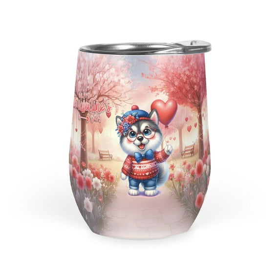 Happy Valentine’s Day Adorable Alaskan Malamute Puppy Holding Heart Balloon 12oz Stainless Steel Wine Tumbler Insulated Cup with Lid Alaska Mal Dog Lovers Gifts - 00030