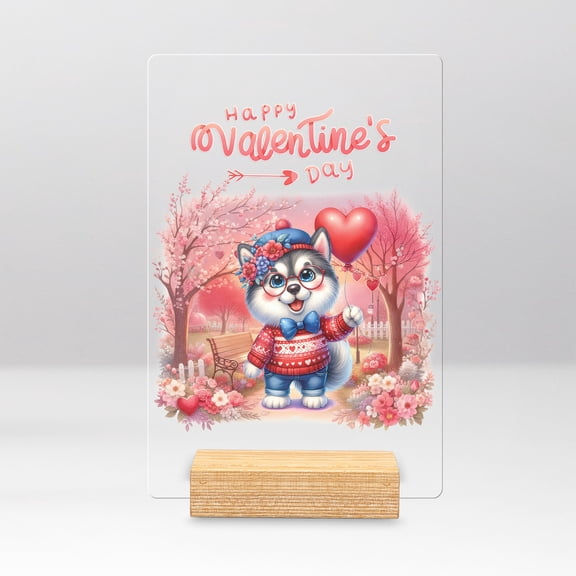 Happy Valentine’s Day Adorable Alaskan Malamute Puppy Holding Heart Balloon Acrylic Plaque Sign Ashwood Base Alaska Mal Dog Lovers Gifts Home Desk Decor - 00030