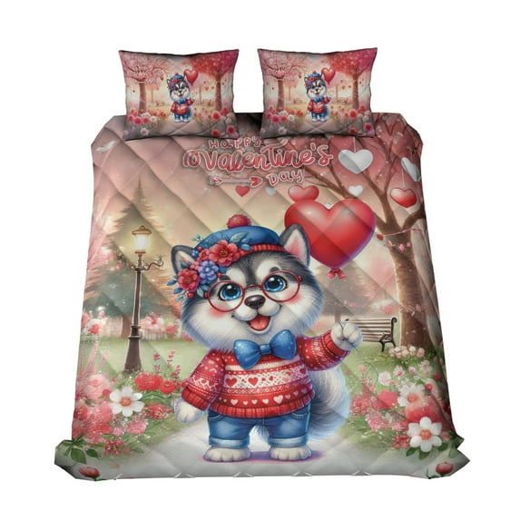 Happy Valentine’s Day Adorable Alaskan Malamute Puppy Holding Heart Balloon Quilt Bedding Set Alaska Mal Dog Lovers Gifts 1 Blanket Bed Cover 2 Pillowcases - 00030