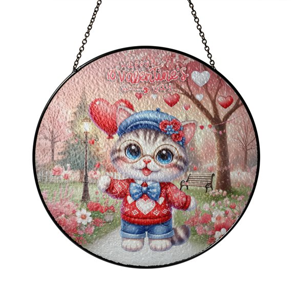 Happy Valentine’s Day Adorable American Shorthair Kitten Holding Heart Balloon Stained Glass Suncatcher Cat Lover Kitten Owner Gifts Window Hanging Sign Decor - 00030