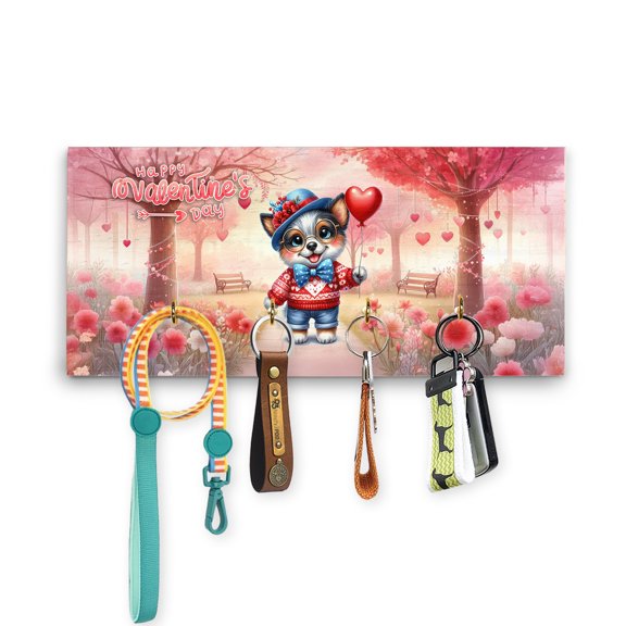 Happy Valentine’s Day Adorable Australian Cattle Dog Puppy Holding Heart Balloon Wood Key Holder Heeler Lover Gifts Wall-mounted Key Rack Home Decor - 00030
