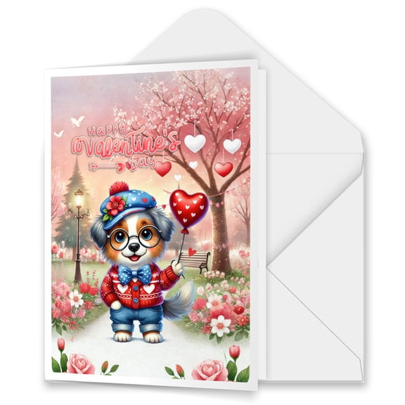 Happy Valentine’s Day Adorable Australian Shepherd Puppy Holding Heart Balloon 5x7in Folded Greeting Card Aussie Dog Lover Gifts Single Note Card with Envelope - 00030