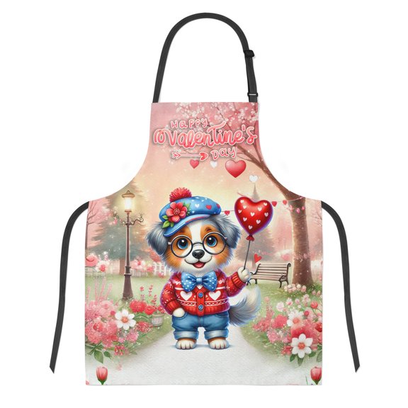 Happy Valentine’s Day Adorable Australian Shepherd Puppy Holding Heart Balloon Apron Aussie Dog Lover Gifts for Cooking Grilling Baking Painting Gardening - 00030