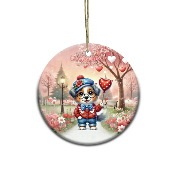 Happy Valentine’s Day Adorable Australian Shepherd Puppy Holding Heart Balloon Ceramic Round Ornament Aussie Dog Lover Gifts Home Tree Decor - 00030