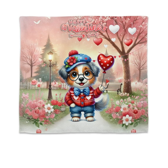 Happy Valentine’s Day Adorable Australian Shepherd Puppy Holding Heart Balloon Tapestry Aussie Dog Lover Gifts Wall Hanging Backdrop Home Decor - 00030