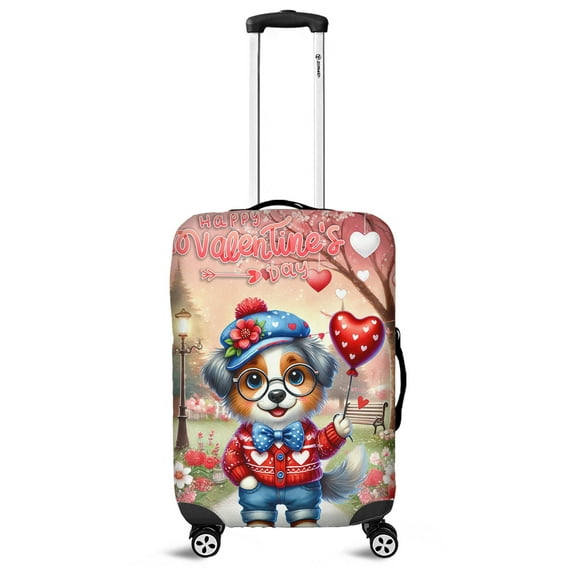 Happy Valentine’s Day Adorable Australian Shepherd Puppy Holding Heart Balloon Travel Luggage Cover Aussie Dog Lover Gifts Suitcase Dust Protective Decor - 00030