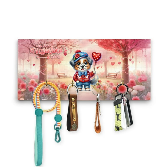 Happy Valentine’s Day Adorable Australian Shepherd Puppy Holding Heart Balloon Wood Key Holder Aussie Dog Lover Gifts Wall-mounted Key Rack Home Decor - 00030