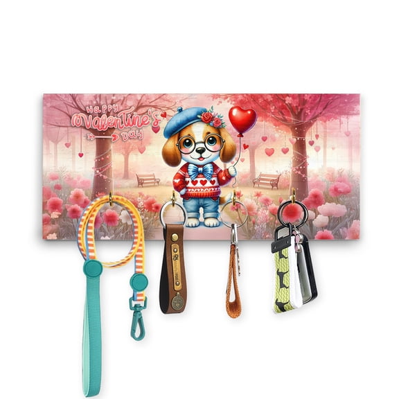 Happy Valentine’s Day Adorable Beagle Puppy Holding Heart Balloon Wood Key Holder Beagles Dog Lover Gifts Idea Wall-mounted Key Rack Home Decor - 00030