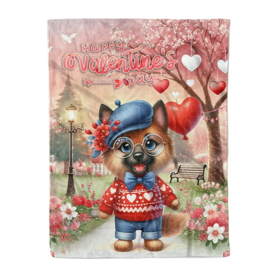 Happy Valentine’s Day Adorable Belgian Malinois Puppy Holding Heart Balloon Cozy Fleece Blanket Sheepdog Dog Lover Gifts Warm Soft Throw Blanket - 00030