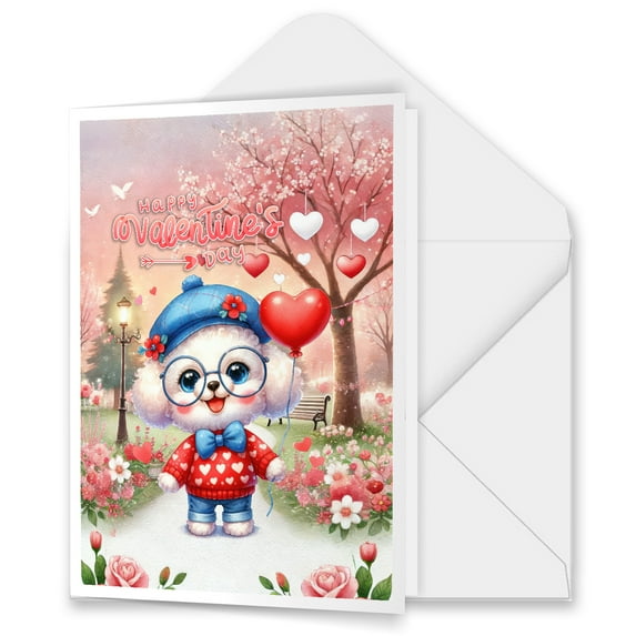 Happy Valentine’s Day Adorable Bichon Frise Puppy Holding Heart Balloon 5x7in Folded Greeting Card Bichons Dog Lovers Gifts Idea Single Note Card with Envelope - 00030