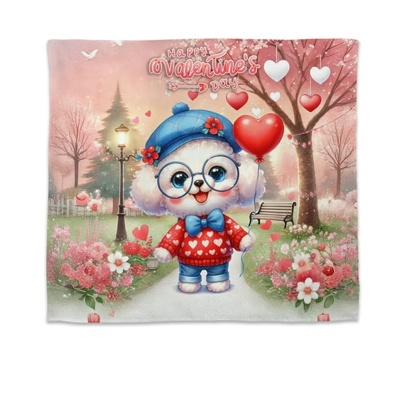 Happy Valentine’s Day Adorable Bichon Frise Puppy Holding Heart Balloon Tapestry Bichons Dog Lovers Gifts Idea Wall Hanging Backdrop Home Decor - 00030