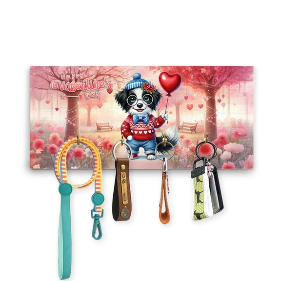 Happy Valentine’s Day Adorable Border Collie Puppy Holding Heart Balloon Wood Key Holder Borders Dog Lovers Gifts Idea Wall-mounted Key Rack Home Decor - 00030