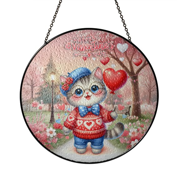 Happy Valentine’s Day Adorable British Shorthair Kitten Holding Heart Balloon Stained Glass Suncatcher Cat Lover Kitten Owner Gifts Window Hanging Sign Decor - 00030