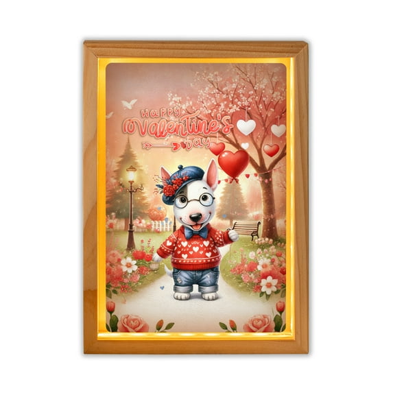 Happy Valentine’s Day Adorable Bull Terrier Puppy Holding Heart Balloon Acrylic Plaque with Wood Photo Frame Box Bully Dog Lovers Gifts Idea Light Box - 00030