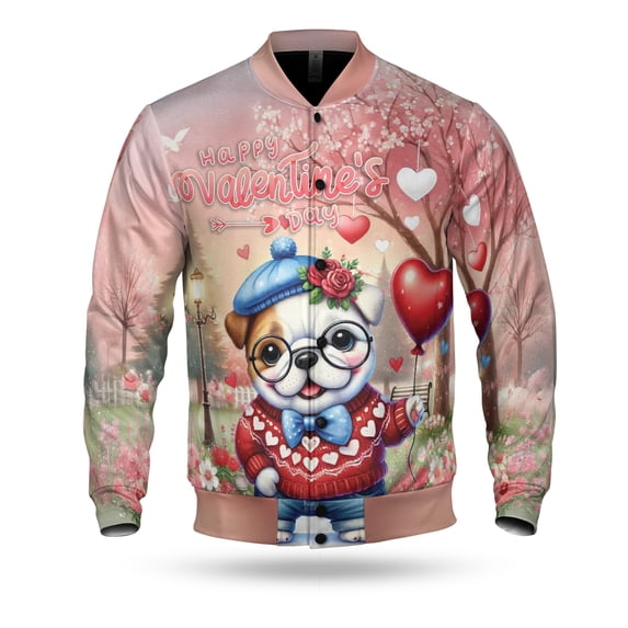 Happy Valentine’s Day Adorable Bulldog Puppy Holding Heart Balloon All Over Print 3D Baseball Jacket Dog Lover Gifts Idea Bomber Jacket Softball - 00030