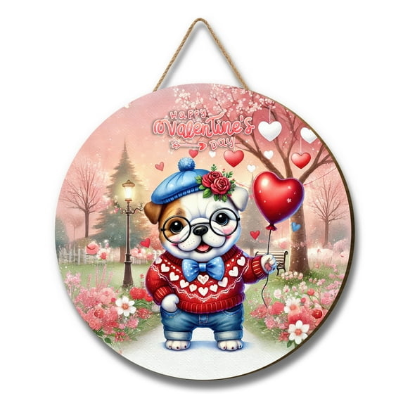 Happy Valentine’s Day Adorable Bulldog Puppy Holding Heart Balloon Round Wood Sign Dog Lover Gifts Idea Hanging Wall Home Decor - 00030