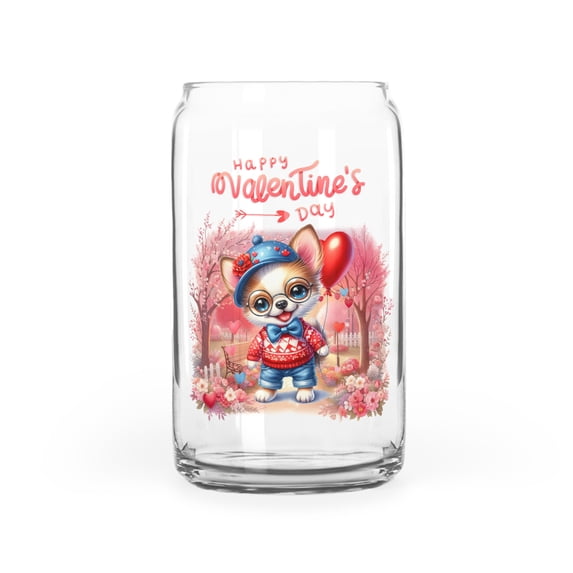 Happy Valentine’s Day Adorable Chihuahua Puppy Holding Heart Balloon 16oz Glass Cup Mug Dog Lover Gifts Idea Glass Can - 00030