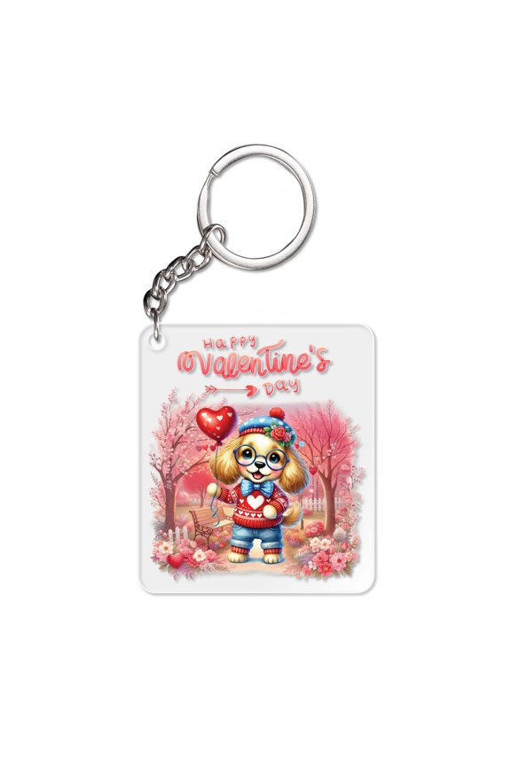 Happy Valentine’s Day Adorable Cocker Spaniel Puppy Holding Heart Balloon Acrylic Keychain Cockers Dog Lover Gifts Collar Charm Tag Keyring - 00030