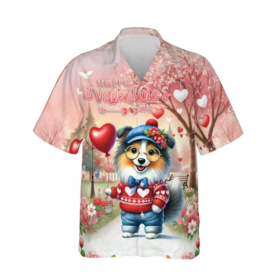 Happy Valentine’s Day Adorable Collie Puppy Holding Heart Balloon Hawaiian Shirt Breathable Summer Unisex Merch Collie Dog Lover Gifts Idea - 00030