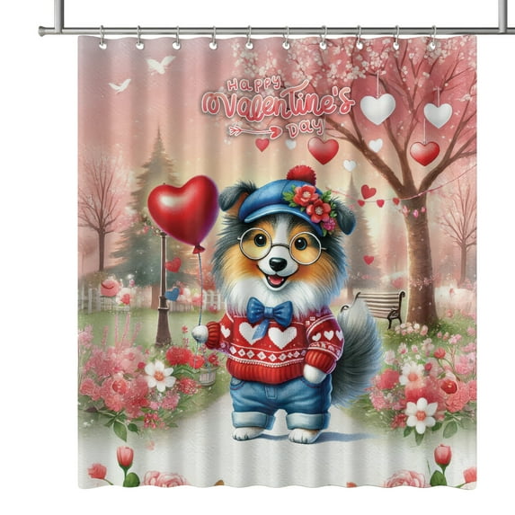 Happy Valentine’s Day Adorable Collie Puppy Holding Heart Balloon Shower Curtain Collie Dog Lover Gifts Idea Waterproof Bathroom Bathtub Curtain - 00030