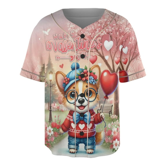 Happy Valentine’s Day Adorable Corgi Puppy Holding Heart Balloon All Over Print 3D Baseball Shirt Welsh Corgi Dog Lover Gifts Idea Softball Sport - 00030