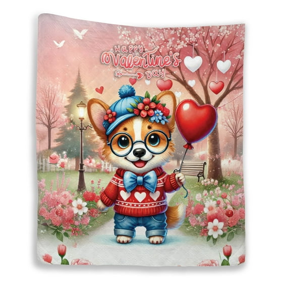 Happy Valentine’s Day Adorable Corgi Puppy Holding Heart Balloon Quilt Blanket Welsh Corgi Dog Lover Gifts Idea Cozy Comforter Throw Blanket - 00030
