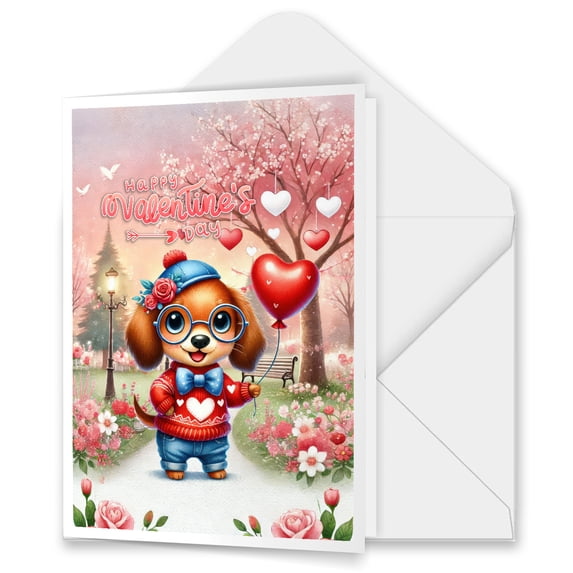Happy Valentine’s Day Adorable Dachshund Puppy Holding Heart Balloon 5x7in Folded Greeting Card Wiener Dog Lover Gifts Idea Single Note Card with Envelope - 00030