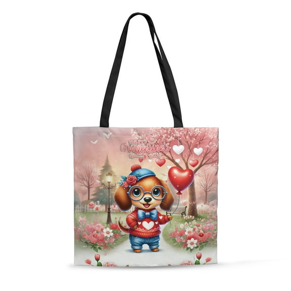 Happy Valentine’s Day Adorable Dachshund Puppy Holding Heart Balloon All Over Print 3D Canvas Tote Bag Wiener Dog Lover Gifts Idea Reusable Handbag - 00030