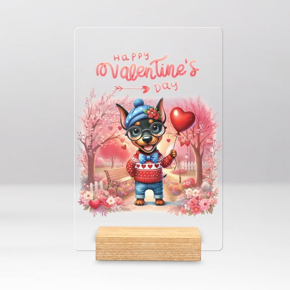 Happy Valentine’s Day Adorable Doberman Pinscher Puppy Holding Heart Balloon Acrylic Plaque Sign Ashwood Base Doberman Dog Lover Gifts Home Desk Decor - 00030