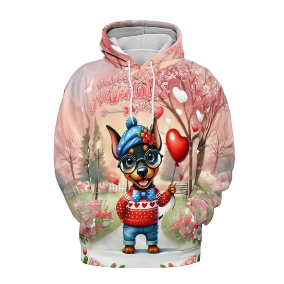 Happy Valentine’s Day Adorable Doberman Pinscher Puppy Holding Heart Balloon All Over Print 3D Hoodie Unisex Merch Hoodies Doberman Dog Lover Gifts - 00030