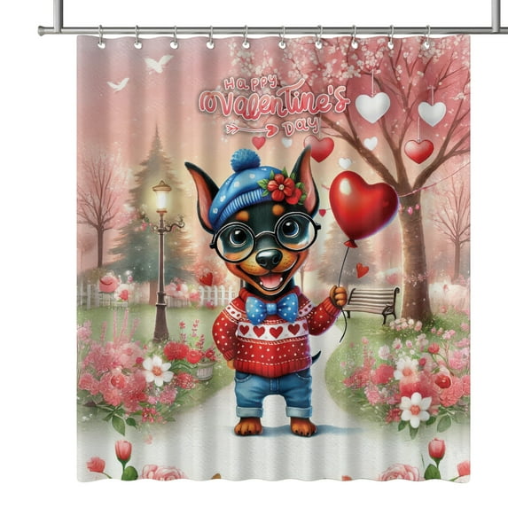 Happy Valentine’s Day Adorable Doberman Pinscher Puppy Holding Heart Balloon Shower Curtain Doberman Dog Lover Gifts Waterproof Bathroom Bathtub Curtain - 00030