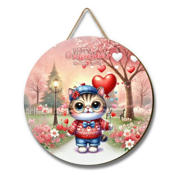 Happy Valentine’s Day Adorable Exotic Shorthair Kitten Holding Heart Balloon Round Wood Sign Cat Lover Kitten Owner Gifts Hanging Wall Home Decor - 00030