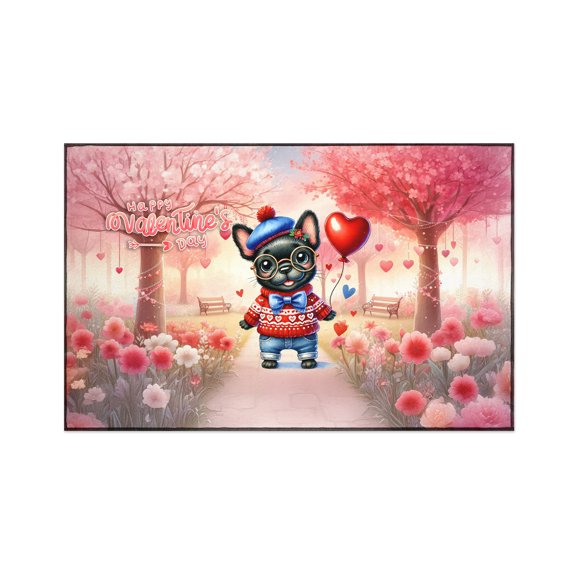 Happy Valentine’s Day Adorable French Bulldog Puppy Holding Heart Balloon Indoor Rug Dog Lover Gifts Carpet Living Bed Room Sofa Home Decor - 00030