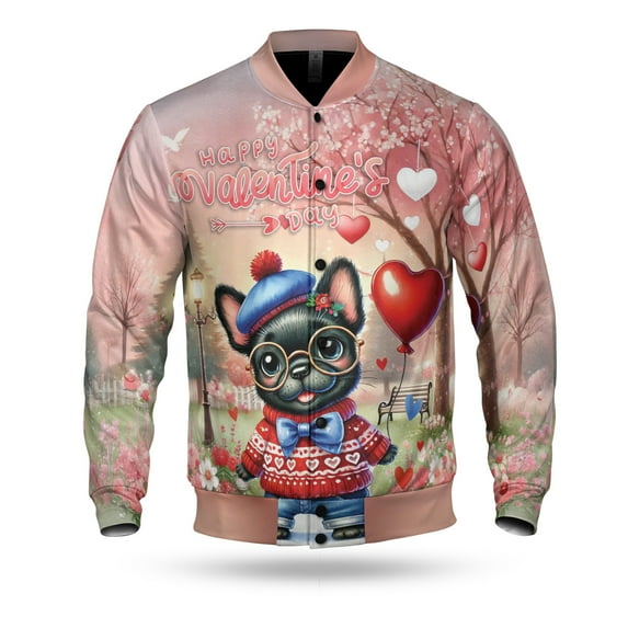Happy Valentine’s Day Adorable French Bulldog Puppy Holding Heart Balloon All Over Print 3D Baseball Jacket Dog Lover Gifts Bomber Jacket Softball - 00030