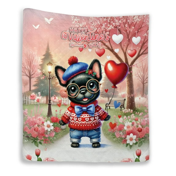 Happy Valentine’s Day Adorable French Bulldog Puppy Holding Heart Balloon Quilt Blanket Dog Lover Gifts Cozy Comforter Throw Blanket - 00030
