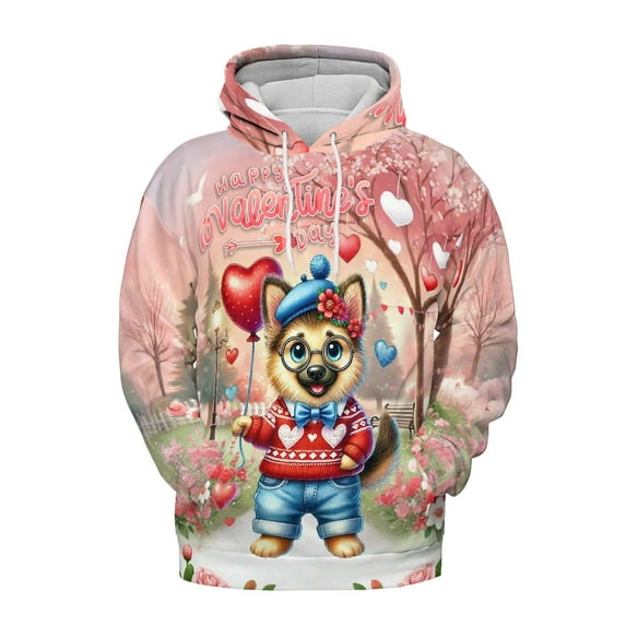 Happy Valentine’s Day Adorable German Shepherd Puppy Holding Heart Balloon All Over Print 3D Hoodie Unisex Merch Hoodies Alsatian Dog Lover Gifts - 00030
