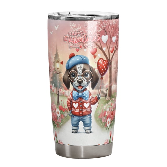 Happy Valentine’s Day Adorable German Shorthaired Pointer Puppy Holding Heart Balloon 20oz Stainless Steel Tumbler Insulated Cup with Lid GSP Lover Dog Gift - 00030
