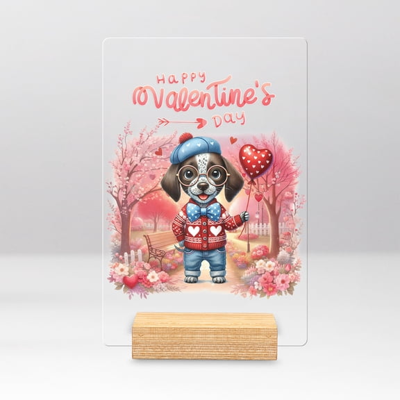 Happy Valentine’s Day Adorable German Shorthaired Pointer Puppy Holding Heart Balloon Acrylic Plaque Sign Ashwood Base GSP Lover Dog Gift Home Desk Decor - 00030