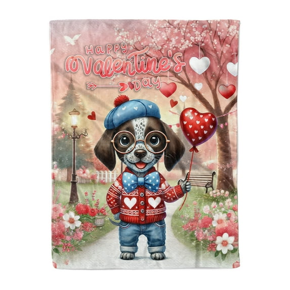 Happy Valentine’s Day Adorable German Shorthaired Pointer Puppy Holding Heart Balloon Cozy Fleece Blanket GSP Lover Dog Gift Warm Soft Throw Blanket - 00030