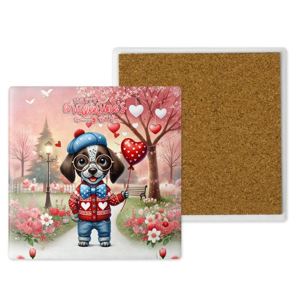Happy Valentine’s Day Adorable German Shorthaired Pointer Puppy Holding Heart Balloon Set of 4 Stone Coasters GSP Lover Dog Gift 4x4in Absorbent Soapstone Coaster - 00030