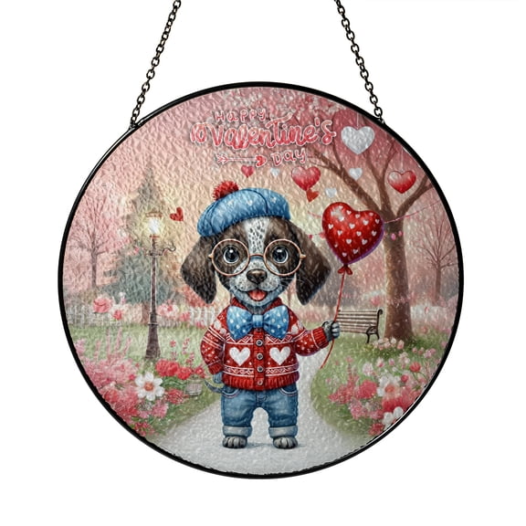 Happy Valentine’s Day Adorable German Shorthaired Pointer Puppy Holding Heart Balloon Stained Glass Suncatcher GSP Lover Dog Gift Window Hanging Sign Decor - 00030