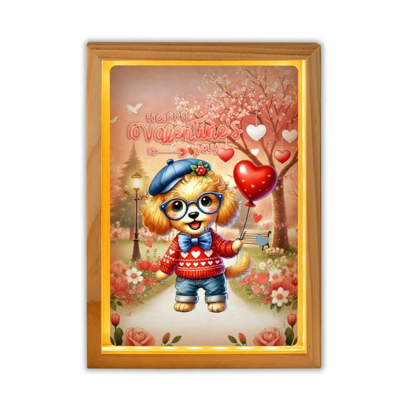 Happy Valentine’s Day Adorable Goldendoodle Puppy Holding Heart Balloon Acrylic Plaque with Wood Photo Frame Box Doodle Dog Lover Gifts Idea Light Box - 00030