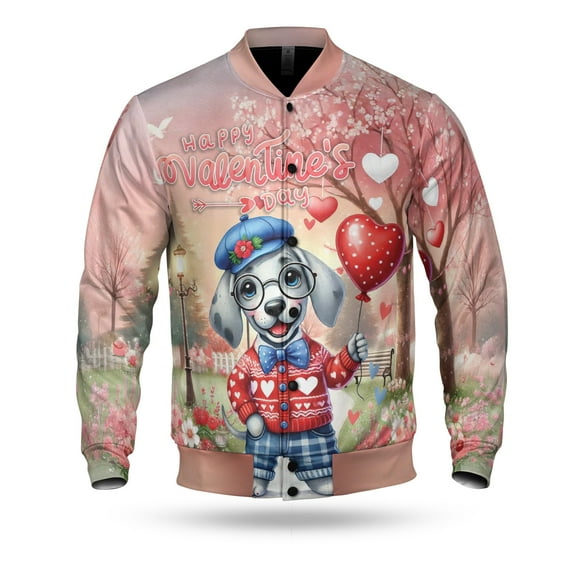 Happy Valentine’s Day Adorable Great Dane Puppy Holding Heart Balloon All Over Print 3D Baseball Jacket Danes Dog Lover Gifts Bomber Jacket Softball - 00030