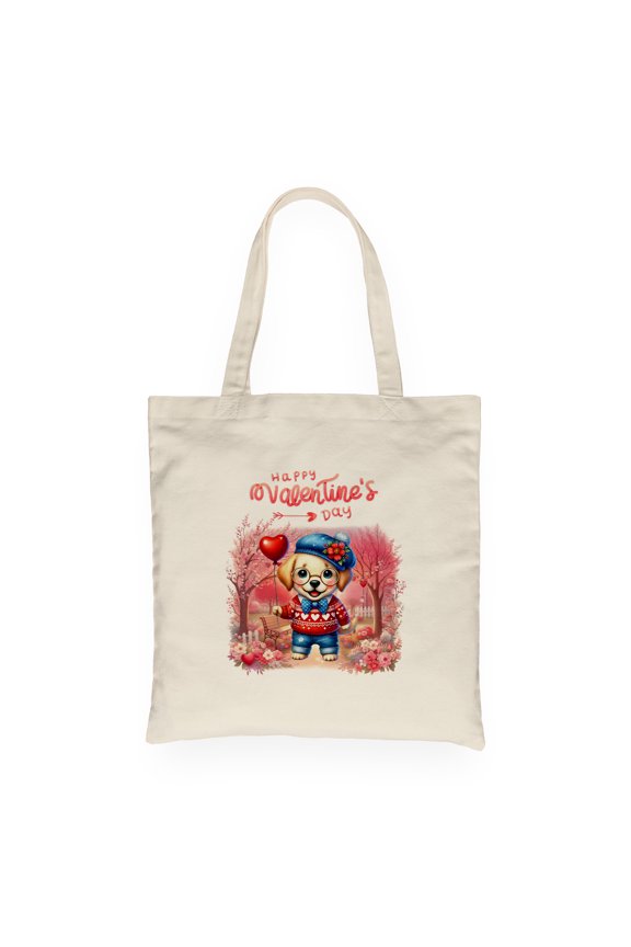 Happy Valentine’s Day Adorable Labrador Retriever Puppy Holding Heart Balloon Canvas Tote Bag Lab Dog Lover Gifts Reusable Shopping Grocery Bag - 00030